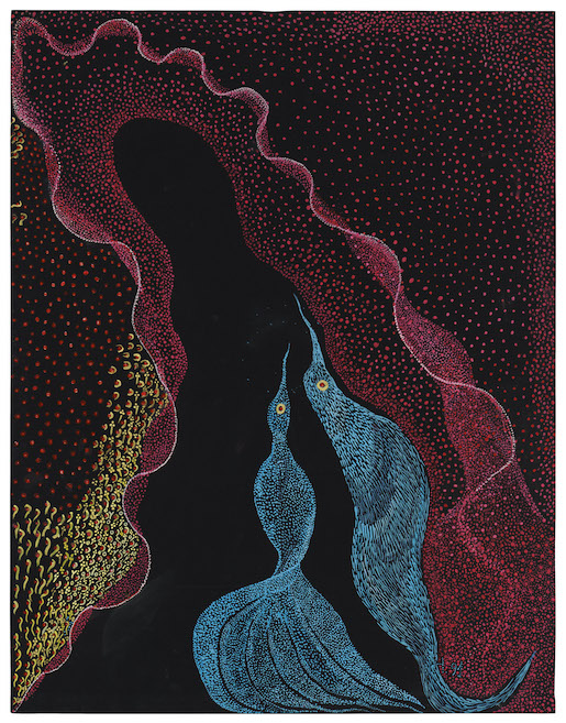 Image: © Magalí Herrera. Sans titre, 1967, encre de Chine et gouache sur papier India, 32,5 x 25 cm - Atelier de numérisation Ville de Lausanne (AN) Collection de l’Art Brut, Lausanne